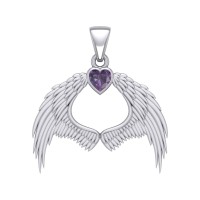 Guardian Angel Wings Pendant with Heart Amethyst Birthstone 