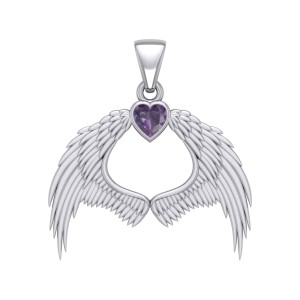 Guardian Angel Wings Pendant with Heart Amethyst Birthstone for February 