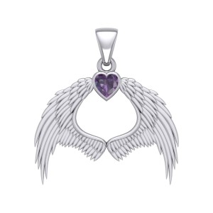 Guardian Angel Wings Pendant with Heart Amethyst Birthstone 