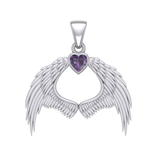 Guardian Angel Wings Pendant with Heart Amethyst Birthstone 