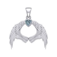 Guardian Angel Wings Pendant with Heart Aquamarine Birthstone 