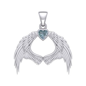 Guardian Angel Wings Pendant with Heart Aquamarine Birthstone 