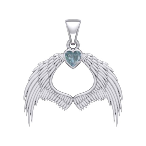Guardian Angel Wings Pendant with Heart Aquamarine Birthstone 