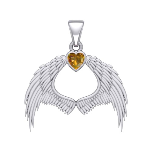 Guardian Angel Wings Pendant with Heart Citrine Birthstone 