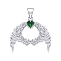 Guardian Angel Wings Pendant with Heart Emerald Birthstone for May