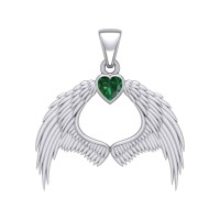 Guardian Angel Wings Pendant with Heart Emerald Birthstone 