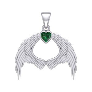 Guardian Angel Wings Pendant with Heart Emerald Birthstone for May