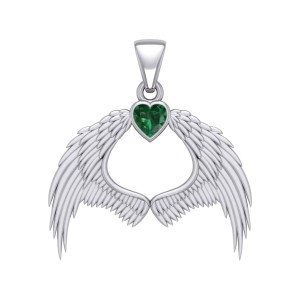 Guardian Angel Wings Pendant with Heart Emerald Birthstone 