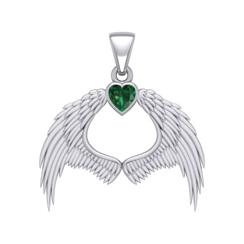 Guardian Angel Wings Pendant with Heart Emerald Birthstone 