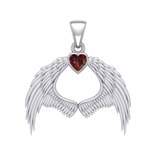 Guardian Angel Wings Pendant with Heart Garnet Birthstone 