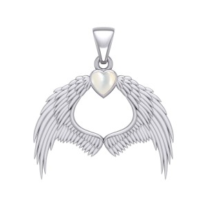 Guardian Angel Wings Pendant with Heart Mother of Pearl Birthstone 