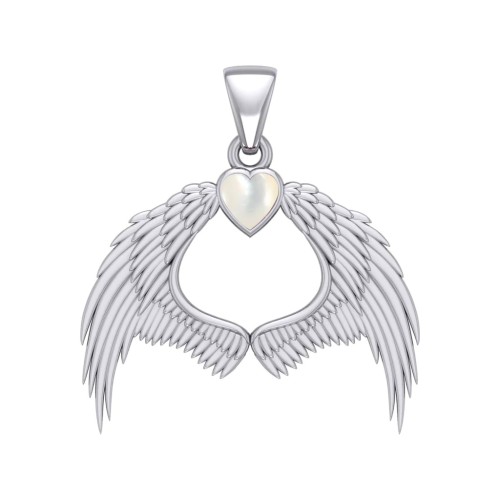 Guardian Angel Wings Pendant with Heart Mother of Pearl Birthstone 