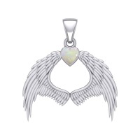 Guardian Angel Wings Pendant with Heart Opal Birthstone 