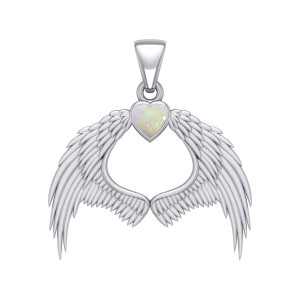 Guardian Angel Wings Pendant with Heart Opal Birthstone for October