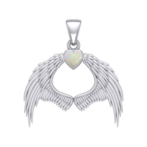 Guardian Angel Wings Pendant with Heart Opal Birthstone 