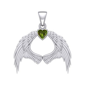 Guardian Angel Wings Pendant with Heart Peridot Birthstone 