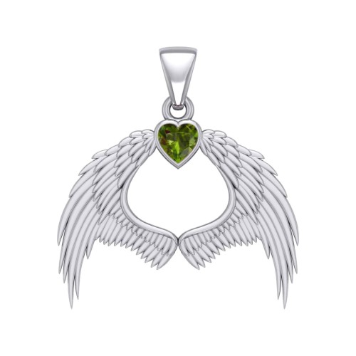Guardian Angel Wings Pendant with Heart Peridot Birthstone 