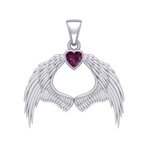 Guardian Angel Wings Pendant with Heart Ruby Birthstone 