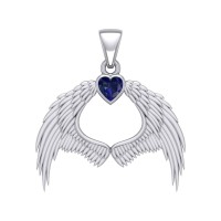 Guardian Angel Wings Pendant with Heart Sapphire Birthstone for September