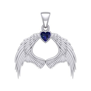 Guardian Angel Wings Pendant with Heart Sapphire Birthstone 