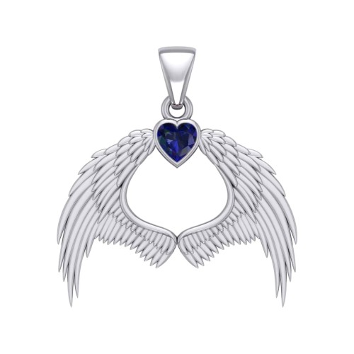 Guardian Angel Wings Pendant with Heart Sapphire Birthstone 