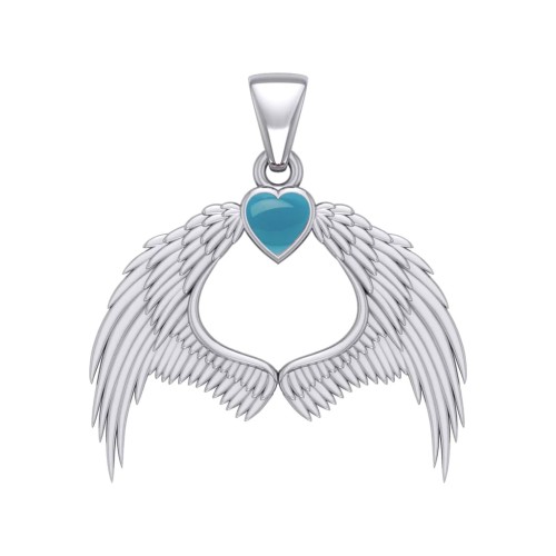 Guardian Angel Wings Pendant with Heart Turquoise Birthstone 