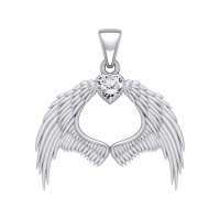 Guardian Angel Wings Pendant with Heart White Cubic Zirconia Birthstone 