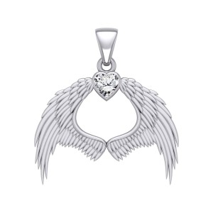 Guardian Angel Wings Pendant with Heart White Cubic Zirconia Birthstone 