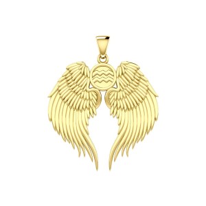 Guardian Angel Wings 14K Gold Pendant with Aquarius Zodiac Sign 