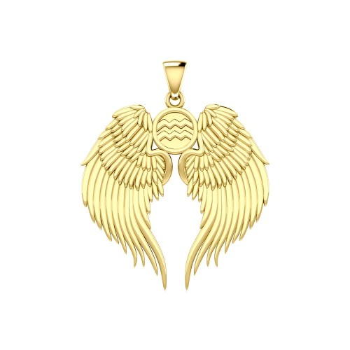 Guardian Angel Wings 14K Gold Pendant with Aquarius Zodiac Sign 