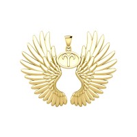 Guardian Angel Wings 14K Gold Pendant with Aries Zodiac Sign 