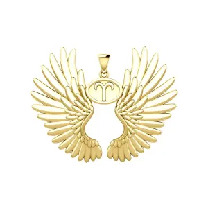 Guardian Angel Wings 18K Gold Pendant with Aries Zodiac Sign 