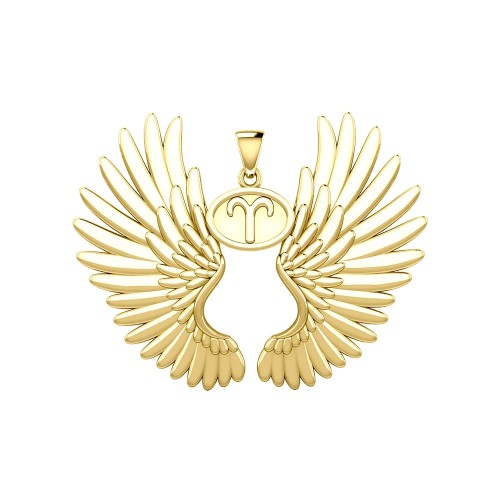 Guardian Angel Wings 14K Gold Pendant with Aries Zodiac Sign 