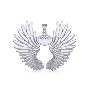 Guardian Angel Wings Pendant with Aries Zodiac Sign 