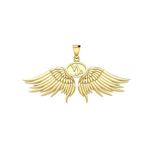 Guardian Angel Wings 18K Gold Pendant with Capricorn Zodiac Sign 