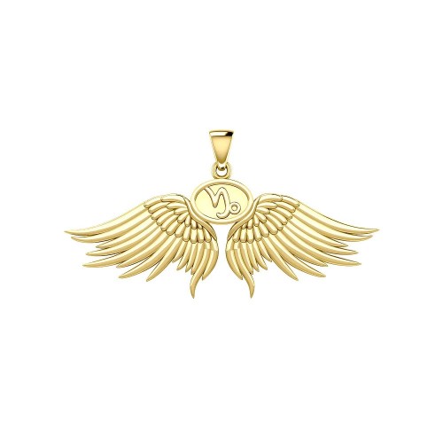 Guardian Angel Wings 14K Gold Pendant with Capricorn Zodiac Sign 