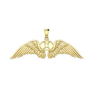Guardian Angel Wings 14K Gold Pendant with Gemini Zodiac Sign 