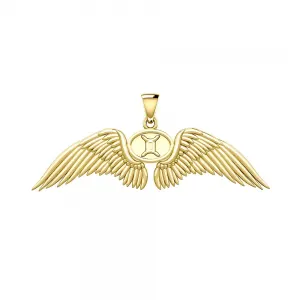 Guardian Angel Wings 14K Gold Pendant with Gemini Zodiac Sign 