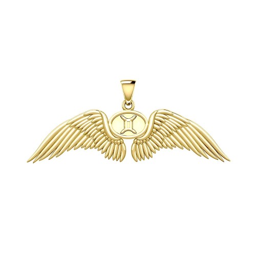 Guardian Angel Wings 14K Gold Pendant with Gemini Zodiac Sign 