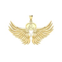 Guardian Angel Wings 14K Gold Pendant with Leo Zodiac Sign 