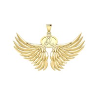 Guardian Angel Wings 18K Gold Pendant with Leo Zodiac Sign 