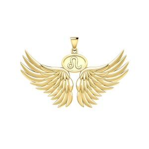 Guardian Angel Wings 14K Gold Pendant with Leo Zodiac Sign 