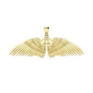 Guardian Angel Wings 14K Gold Pendant with Libra Zodiac Sign 