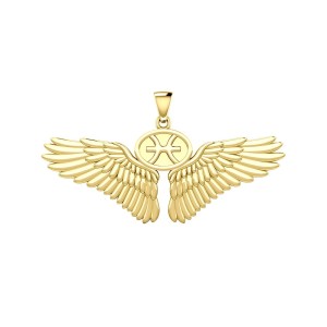 Guardian Angel Wings 18K Gold Pendant with Pisces Zodiac Sign 
