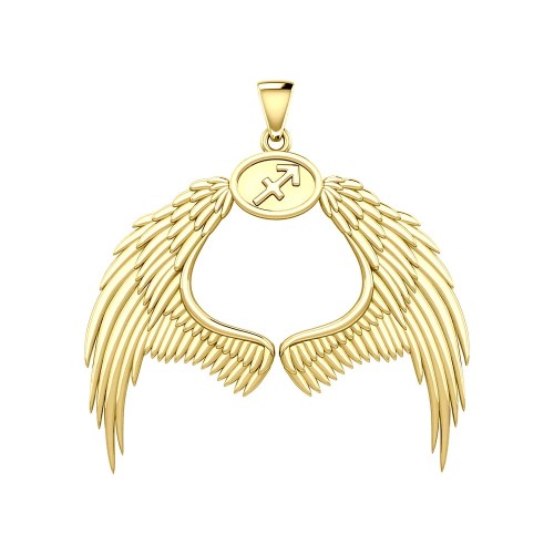 Guardian Angel Wings 14K Gold Pendant with Sagittarius Zodiac Sign 