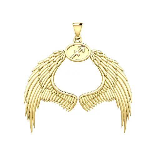 Guardian Angel Wings 14K Gold Pendant with Sagittarius Zodiac Sign 