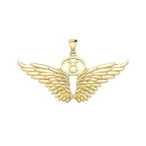 Guardian Angel Wings 14K Gold Pendant with Taurus Zodiac Sign 