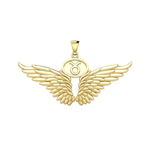 Guardian Angel Wings 18K Gold Pendant with Taurus Zodiac Sign 