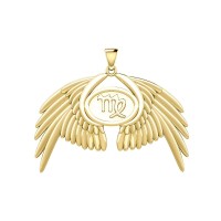 Guardian Angel Wings 14K Gold Pendant with Virgo Zodiac Sign 