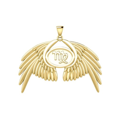 Guardian Angel Wings 14K Gold Pendant with Virgo Zodiac Sign 